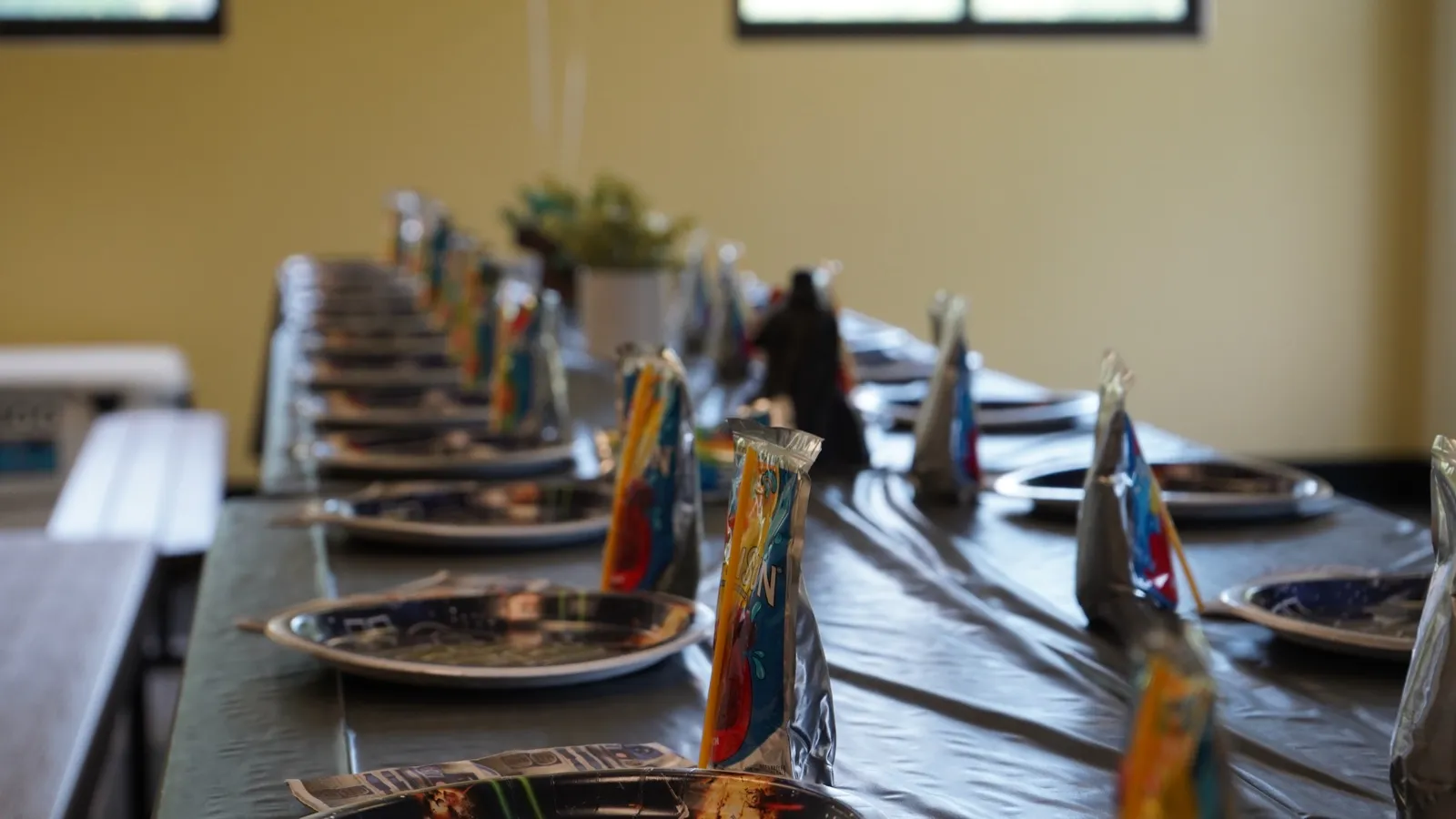 The party room at Bedford Field House set for a birthday, with themed plates and drinks along a long table.